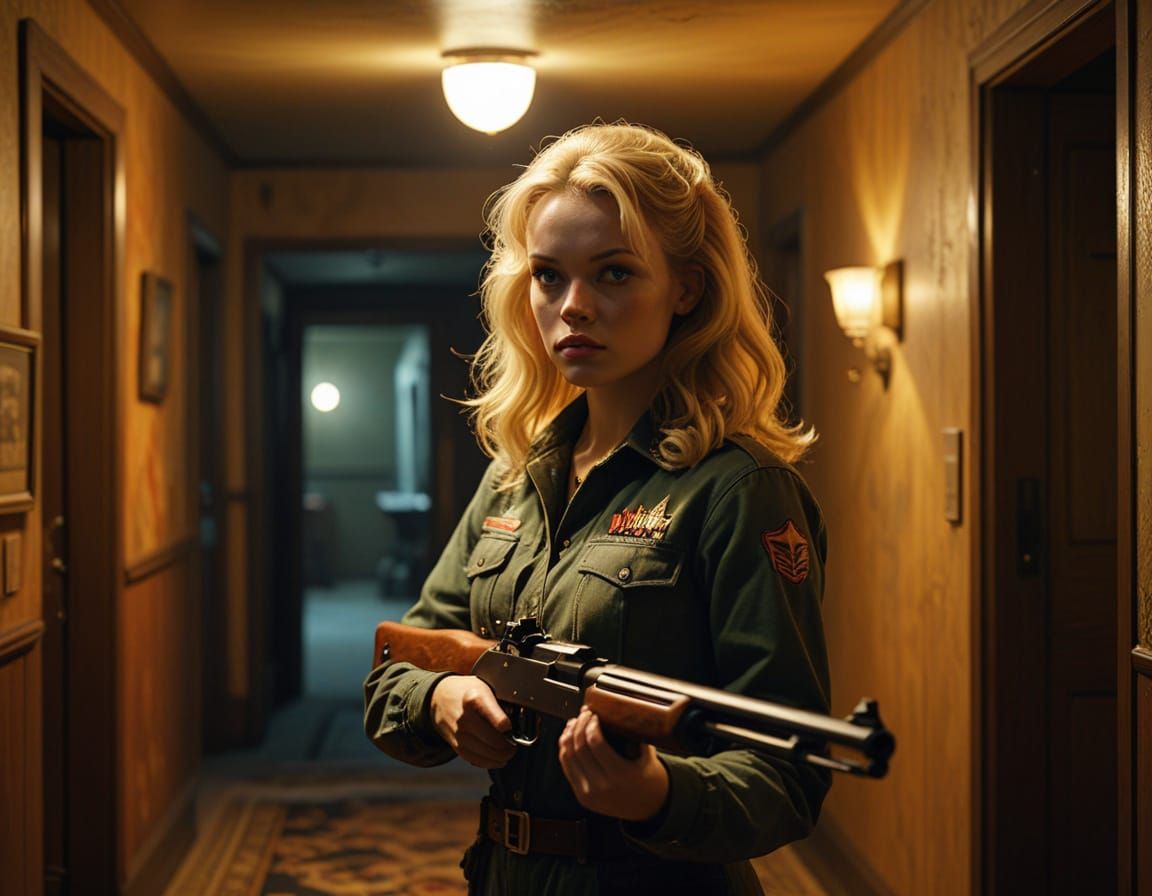 Sensual Heroine Walks Down a Dimly Lit Motel Corridor in a F...