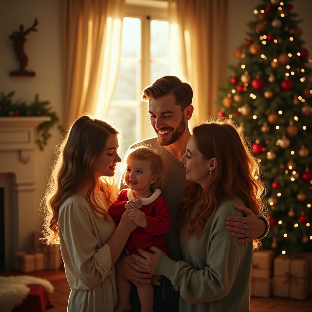 Cozy Family Christmas Scene with Warm Golden Light