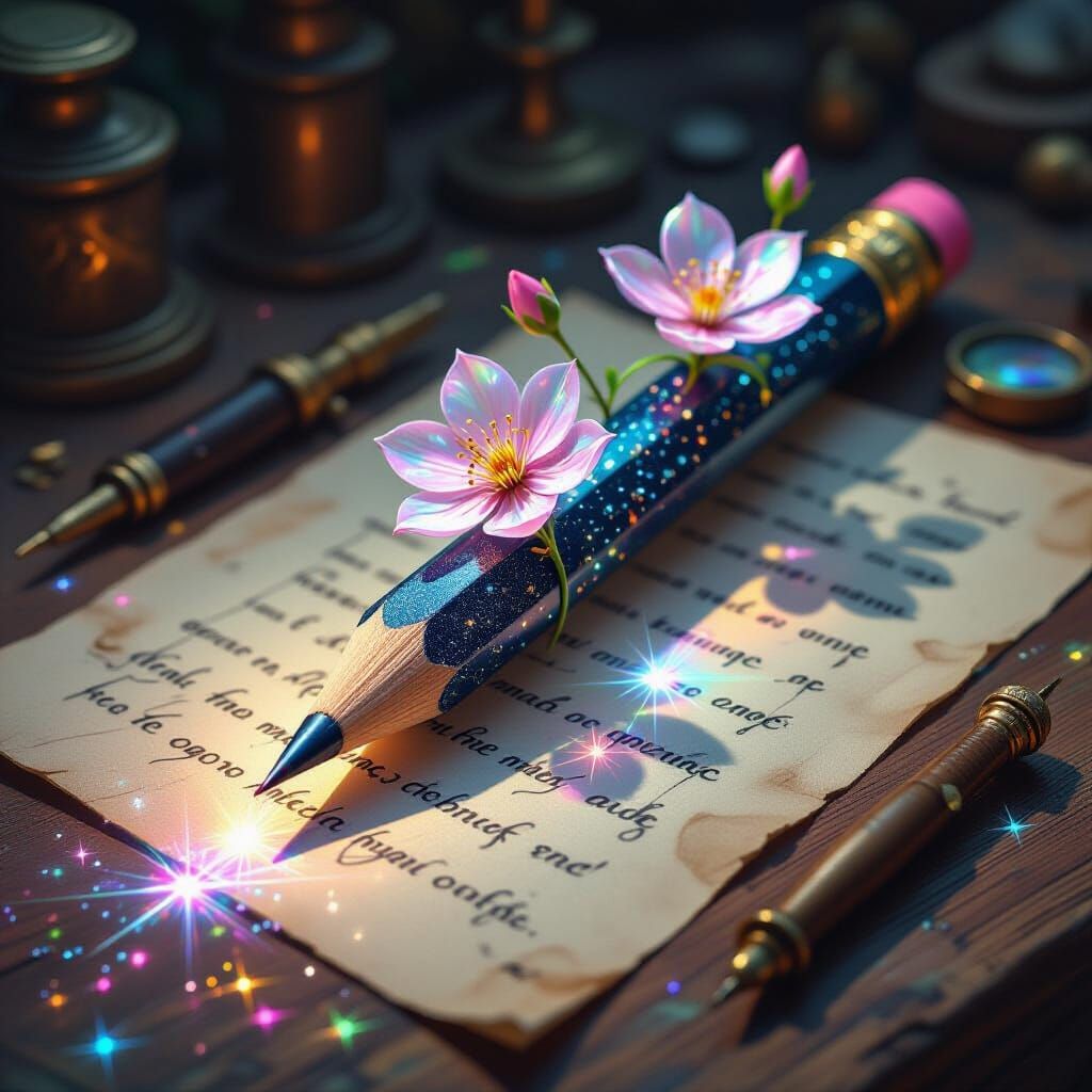 Antique Starlight Pencil with Glass Flowers