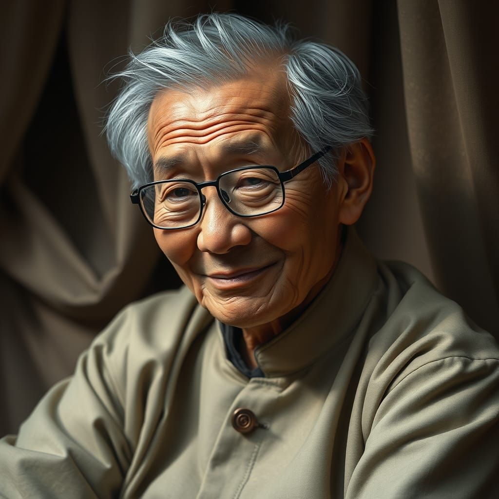 Hyperrealistic Portrait of Elderly Man in Chinese Attire