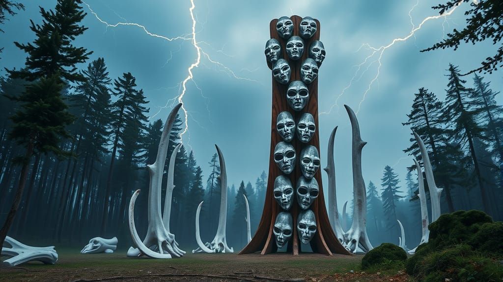 Melting Alien Mask Sculpture in Misty Forest