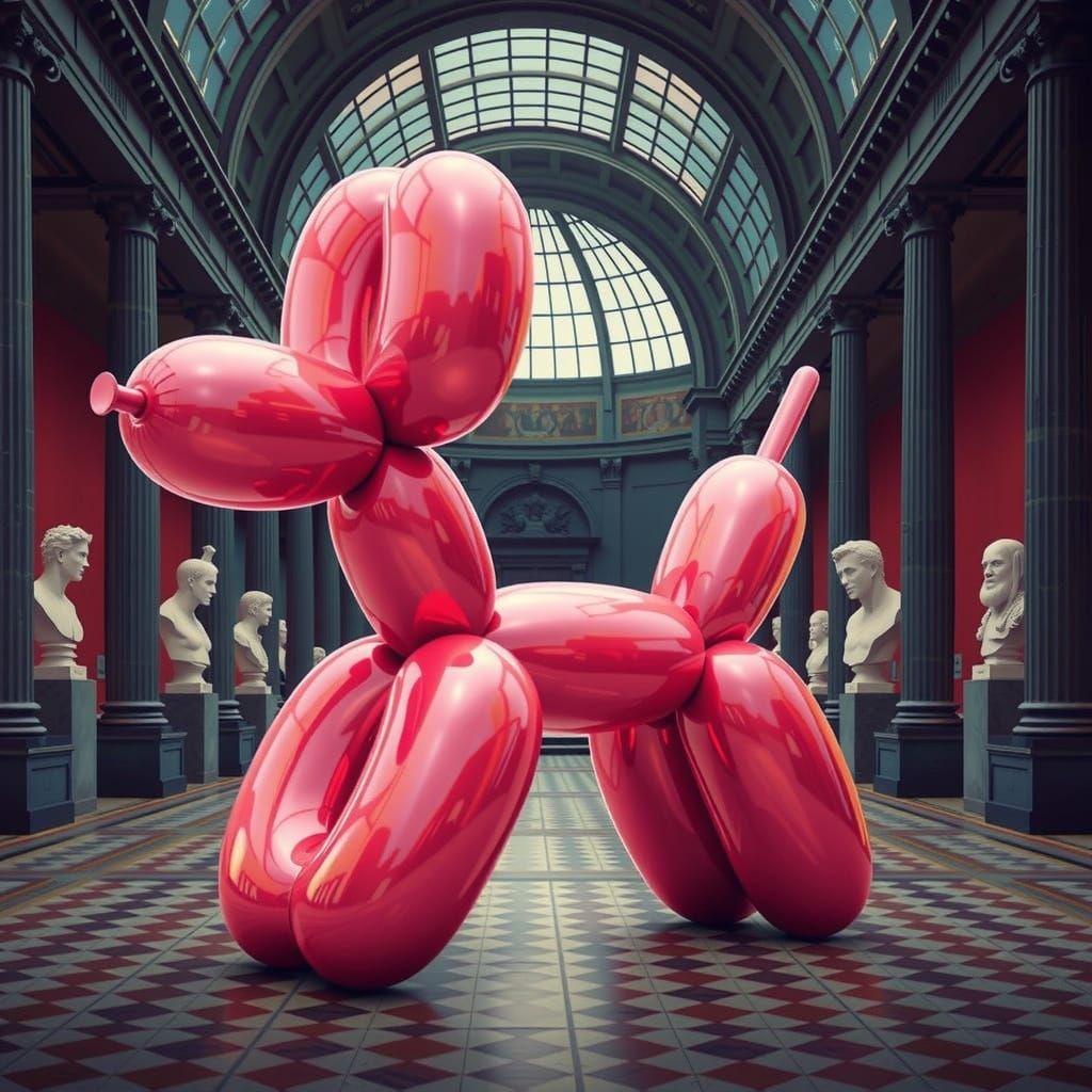 Whimsical CGI Bubblegum Balloon-Dog Sculpture in Museum Back...