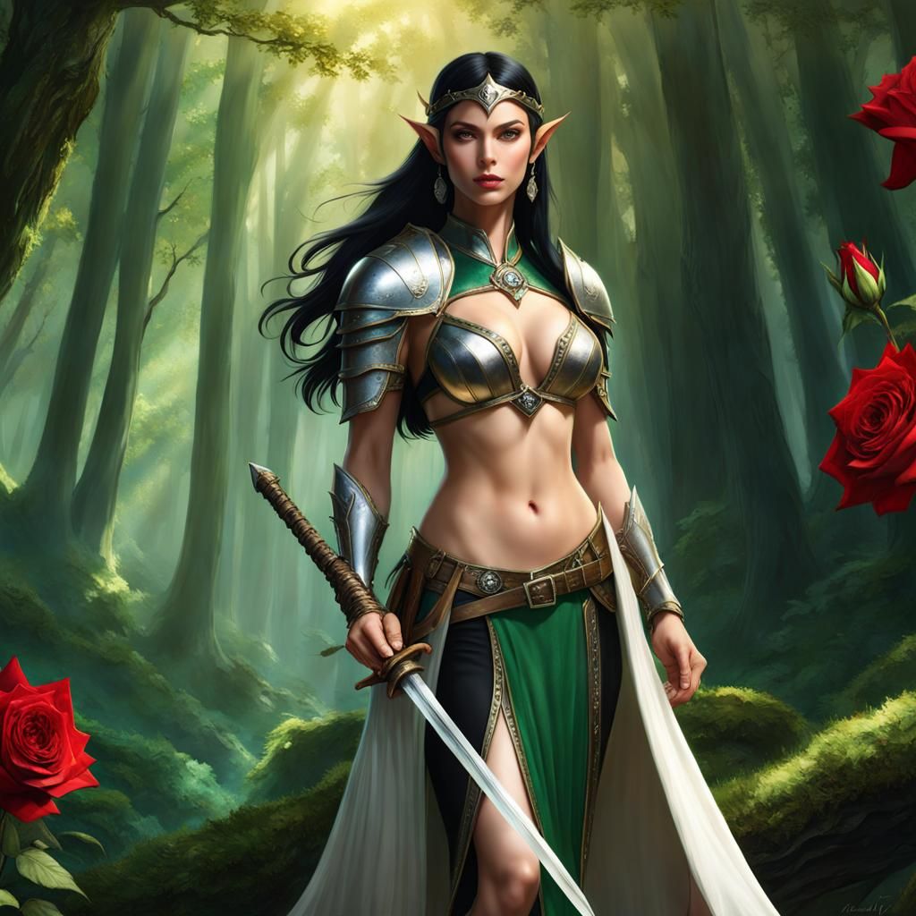 Elf Princess in Fantasy Forest with Roses