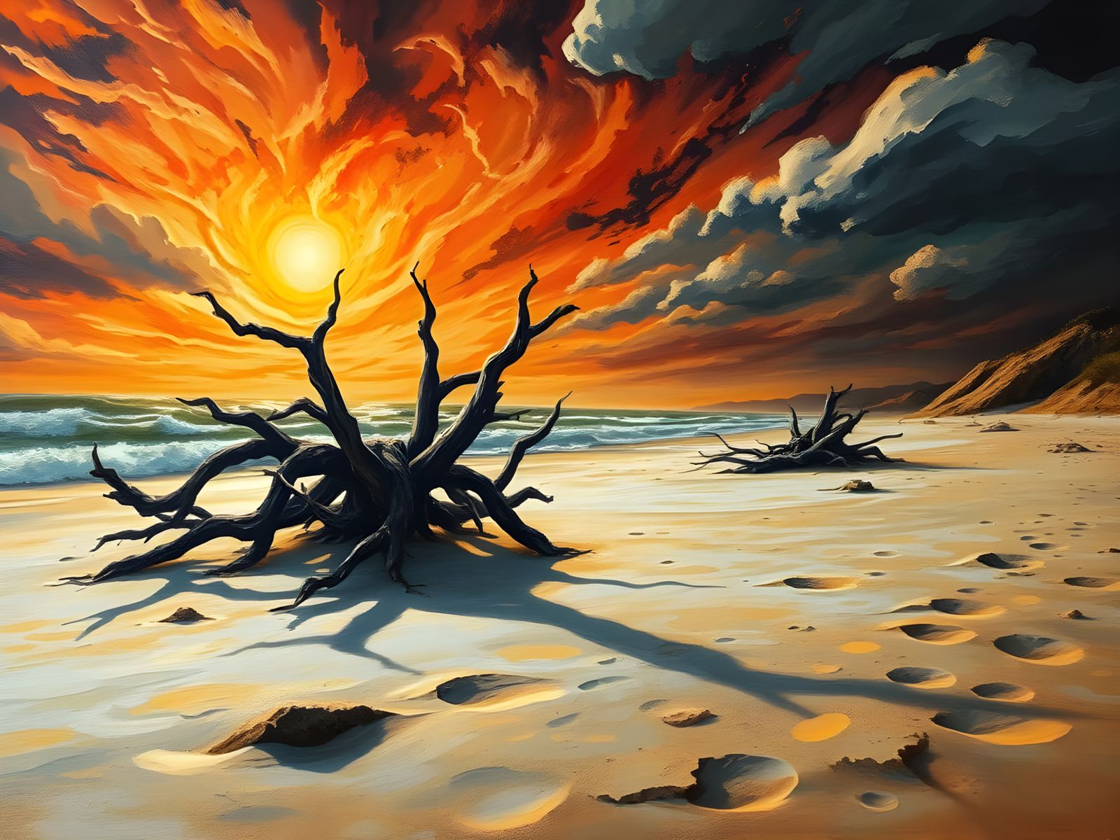 Gouache on Canvas, Turner-Munch-Chagall Style, Desolate Beac...