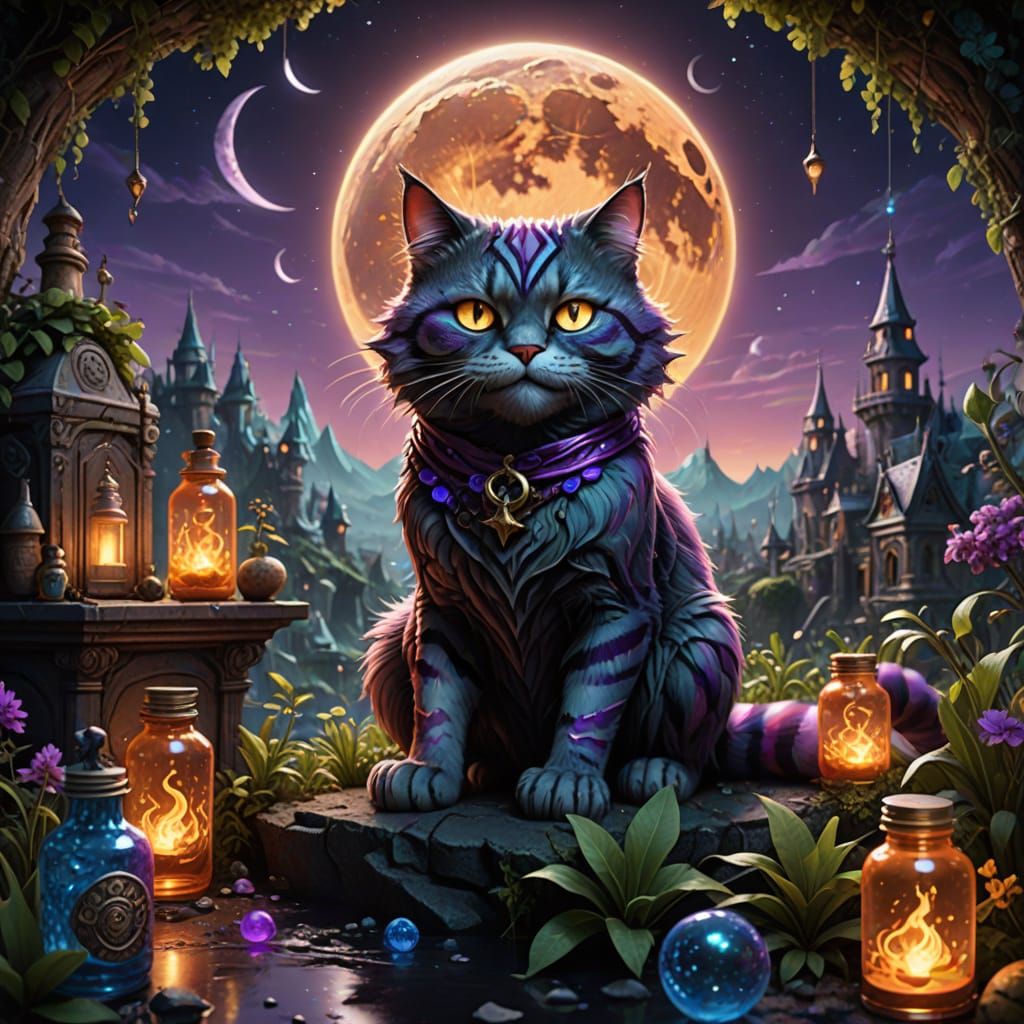 Mischievous Cheshire Cat on Moon in Cosmic Fantasy Art