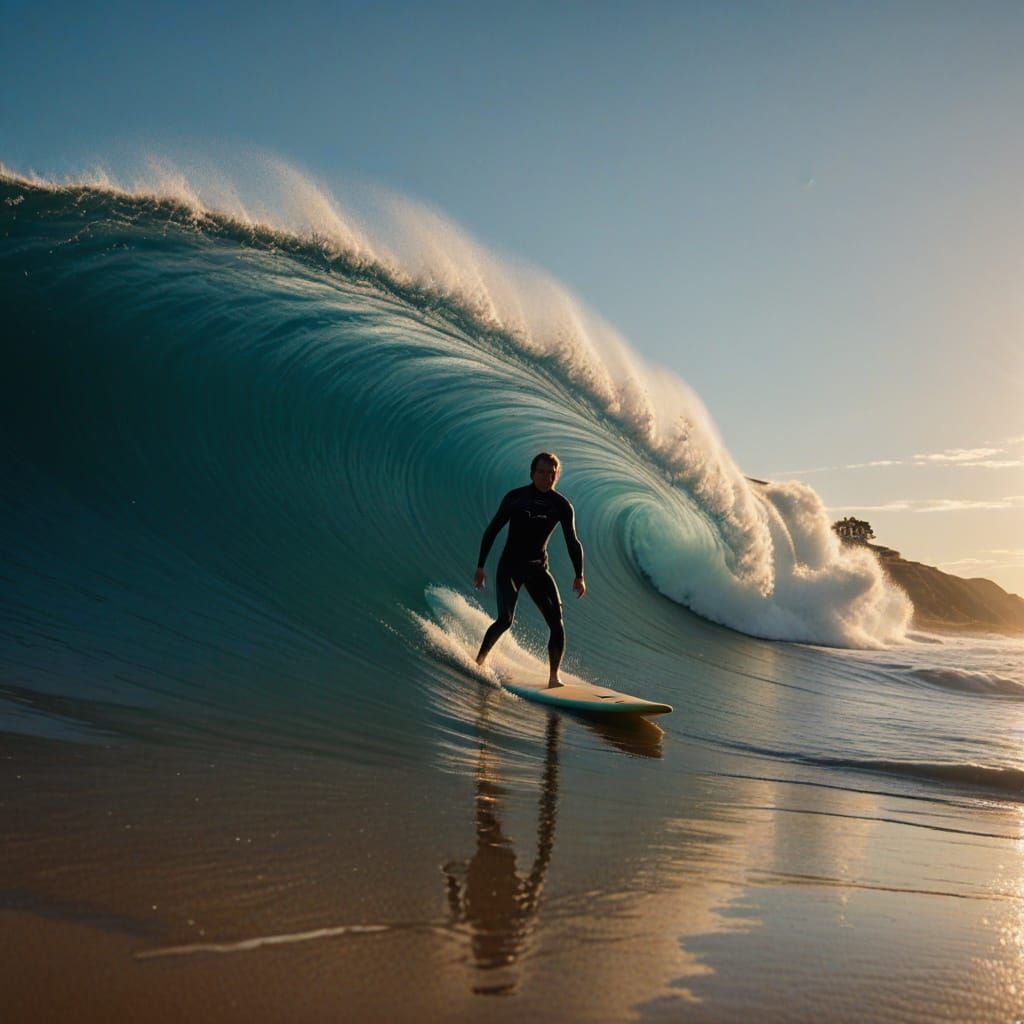 Surfer and Approaching Wave in Golden Light