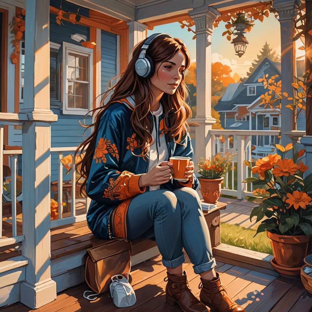 Cartoon Girl's Sunrise Coffee: Fantasy Concept Art