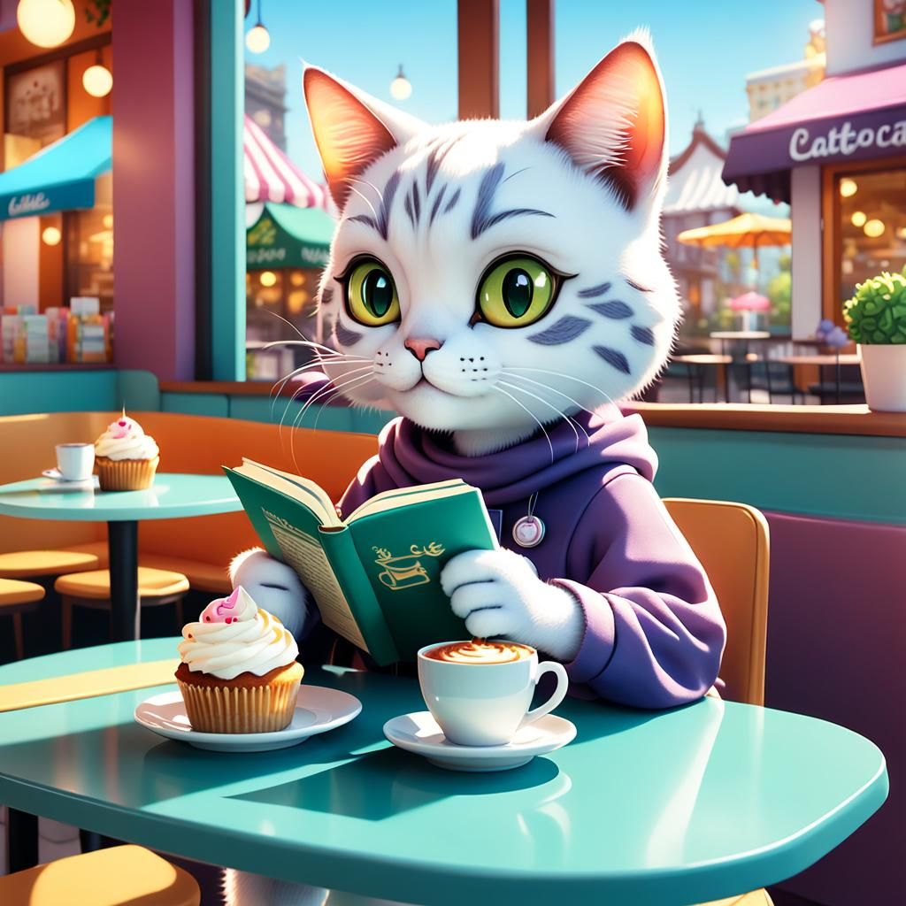 Cute Anthropomorphic Cat Reads in Cafe, Cel-Shaded