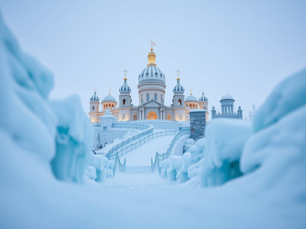 Downhill view of a Beautiful and regal ice kingdom in a winter wonderland