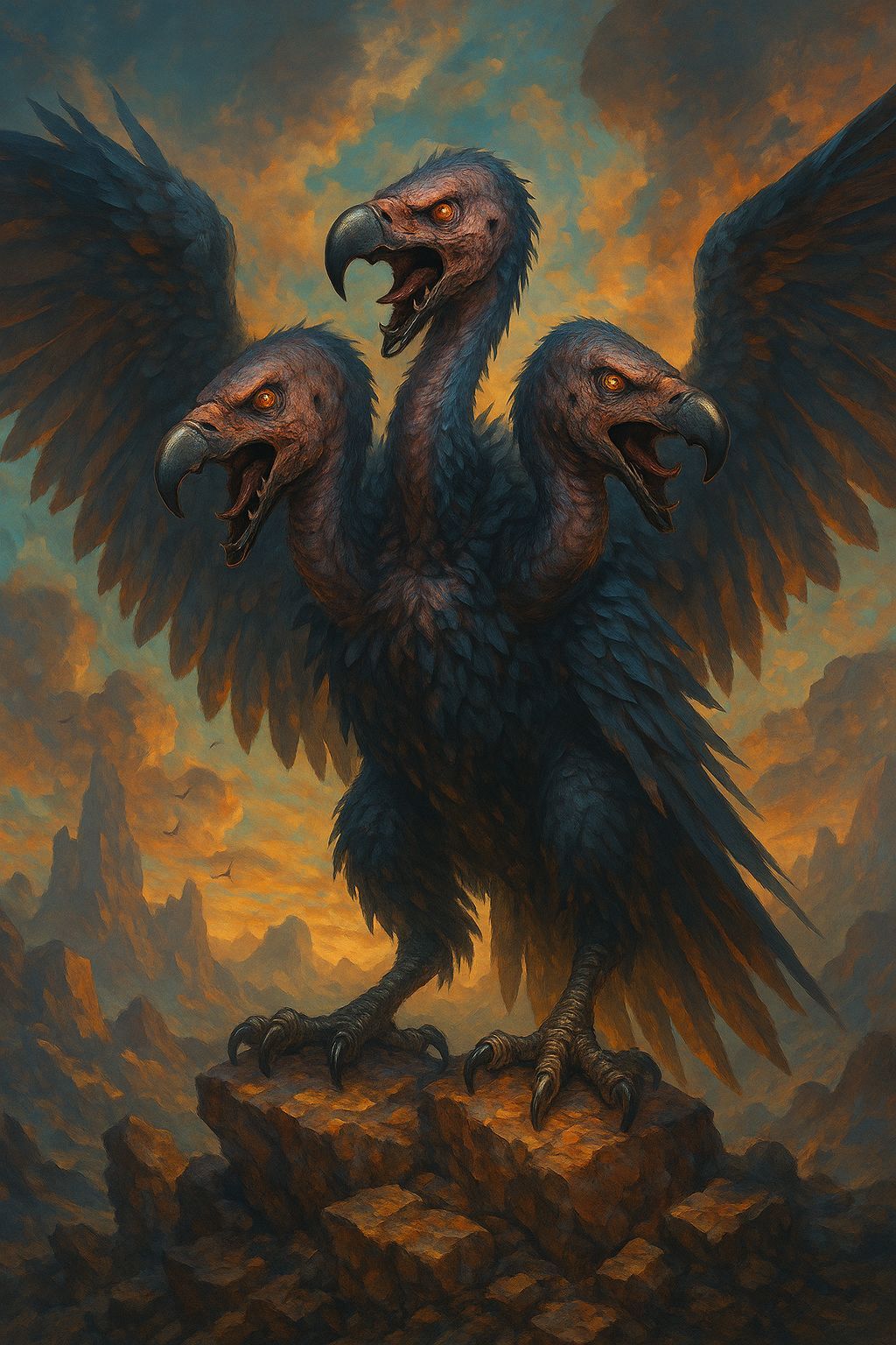 Three-Headed Vulture Card in a Matte Painting Style