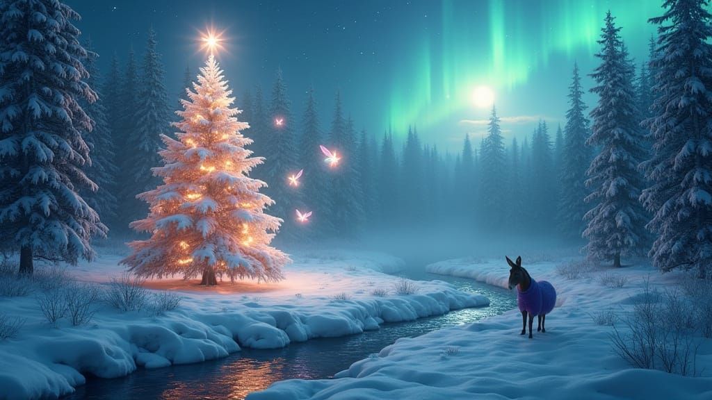 Enchanted Christmas Forest with Fairies and Donkey