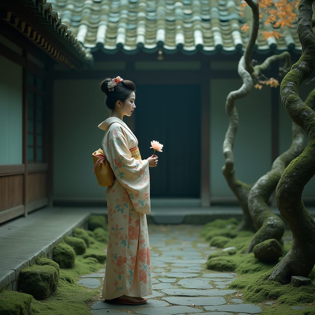Geisha in Overgrown Temple Courtyard, Cinematic Style