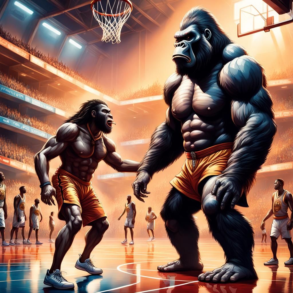 King Kong and Egyptian Gods on Basketball Court