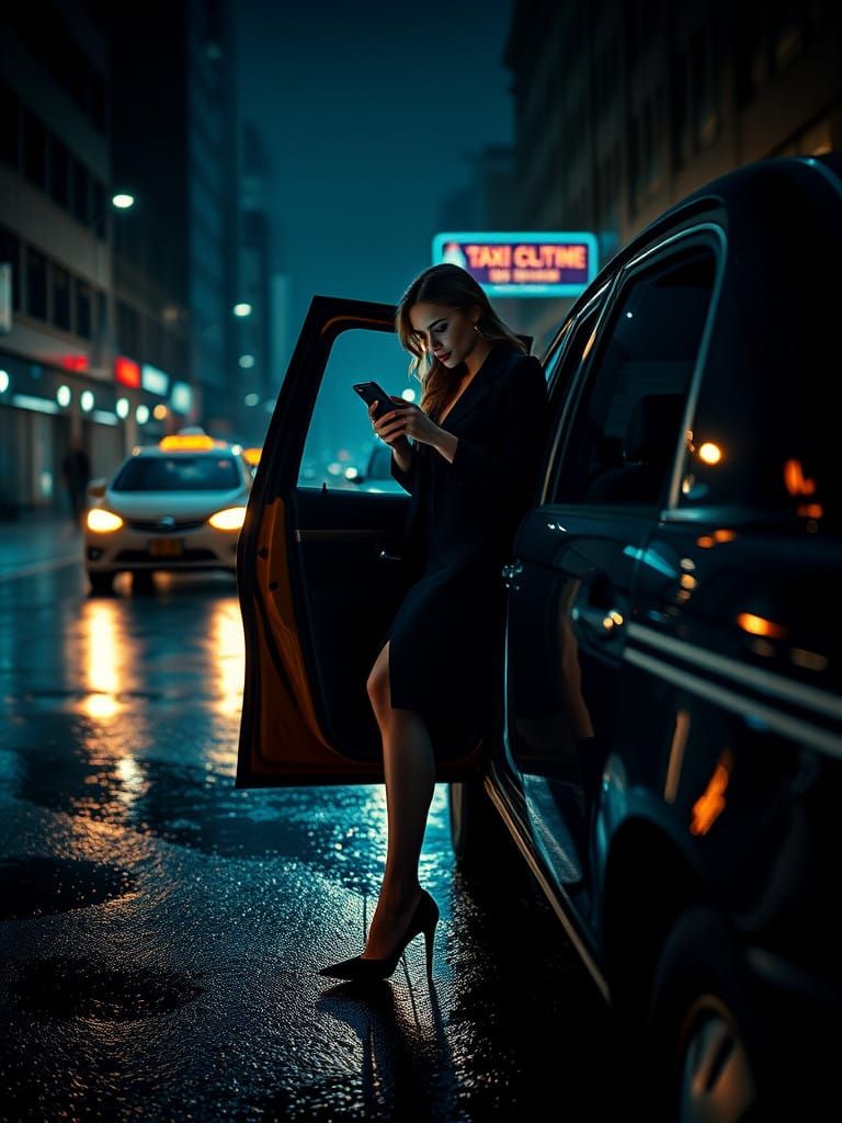 Glamorous Woman Steps into Taxi on Rainy City Street