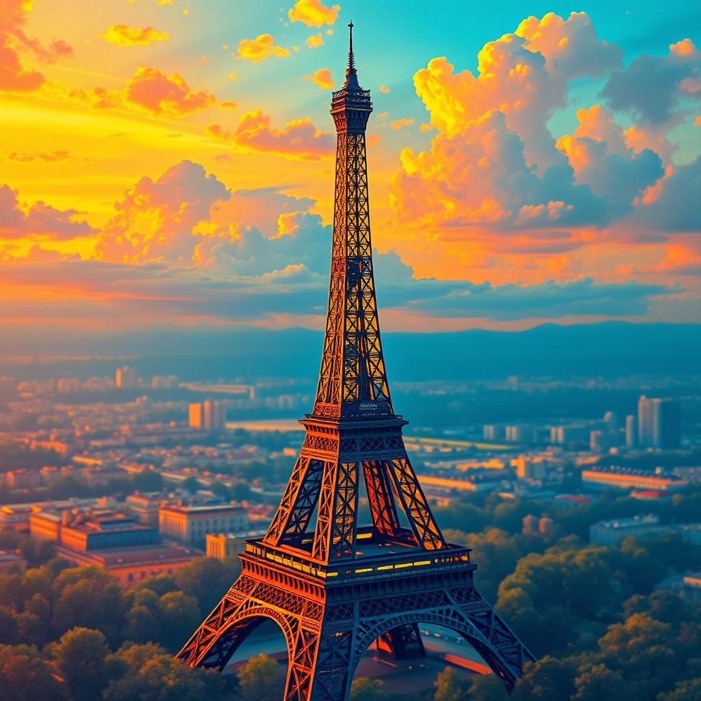 Eiffel Tower in Pointillism Style at Sunset