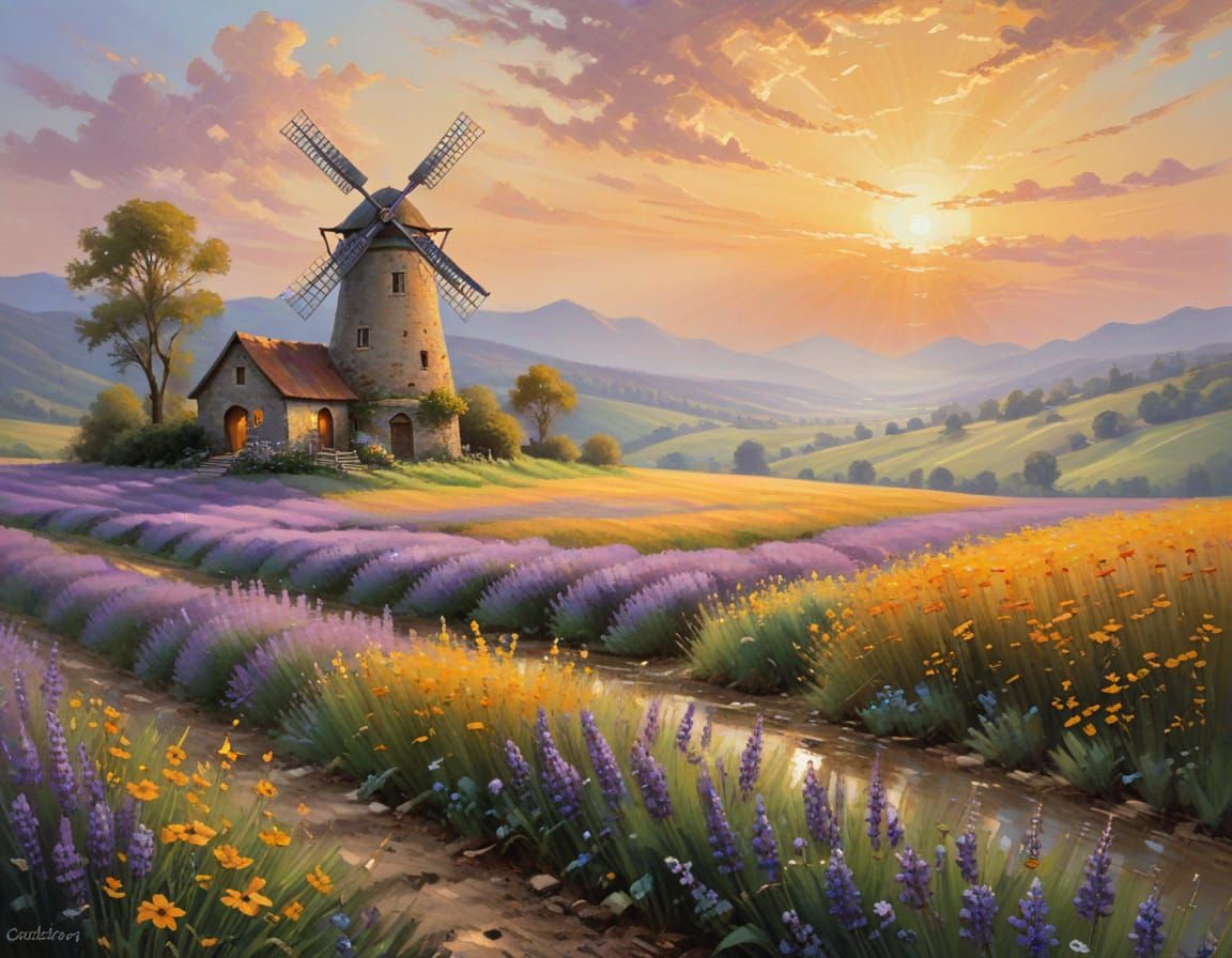 Idyllic Oil Painting of a Whimsical Windmill Scene