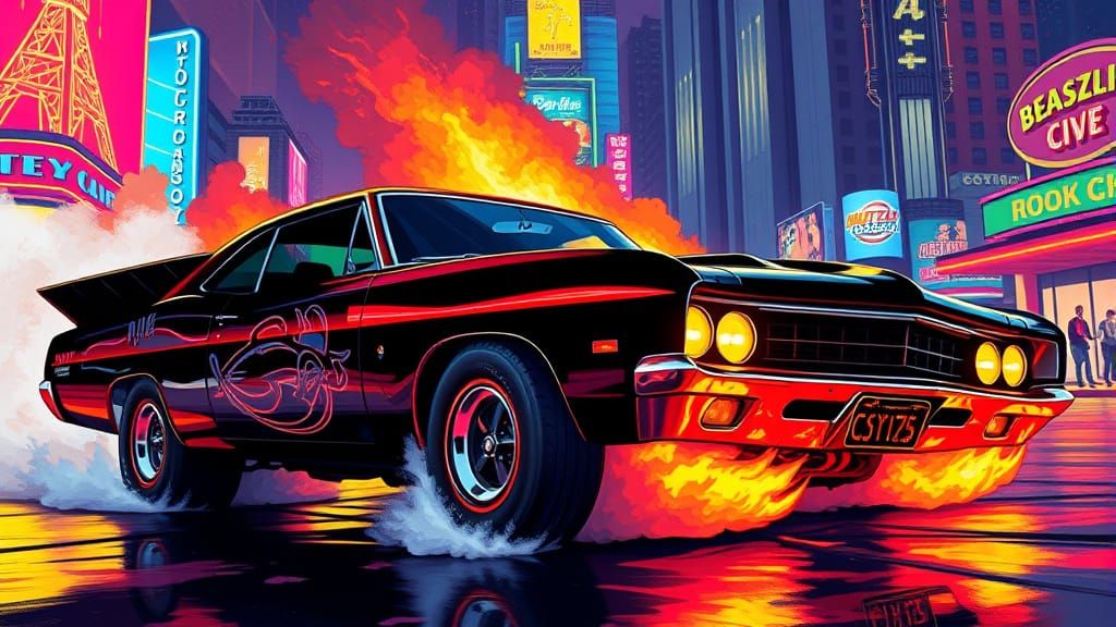 Muscle Car Burnout with Flames in Retro-Futuristic Style