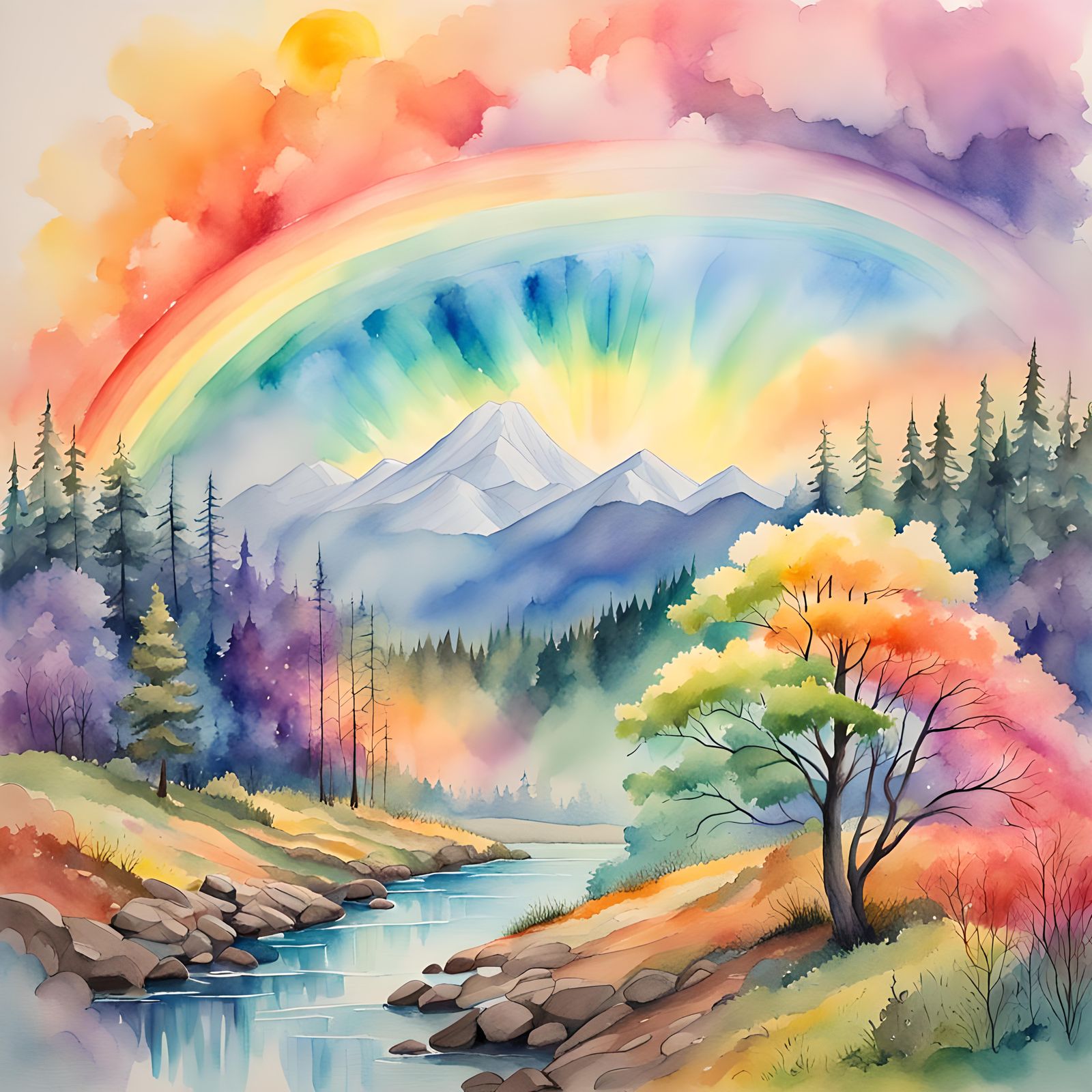 Rainbow Forest Landscape in Watercolour Style