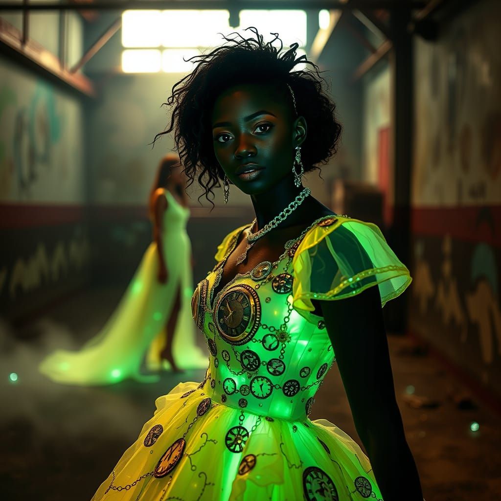 Phosphorescent Gown in Industrial Space, Photorealistic Styl...