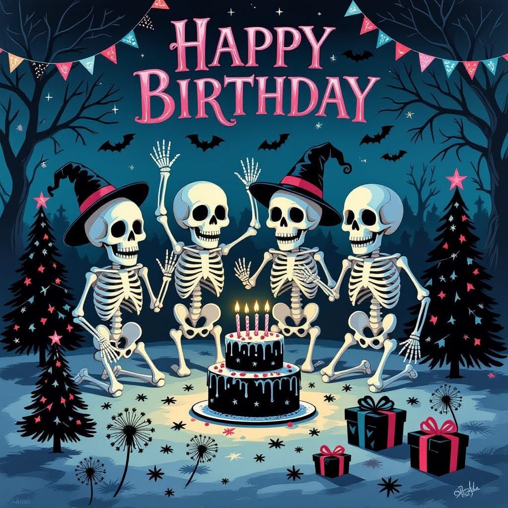 Spooky Birthday Party with Whimsical Skeletons in Tim Burton...