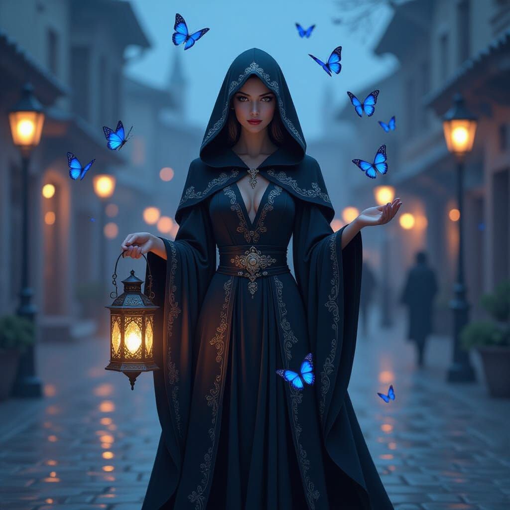 Lantern-Lit Woman in Twilight Square, Whimsical Art Style