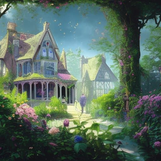 Gothic Crystal Shop with Flower Garden in Dark Fantasy Style