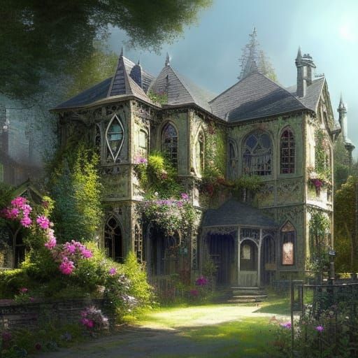 Gothic Cottagecore Victorian Crystal Shop with Flower Garden