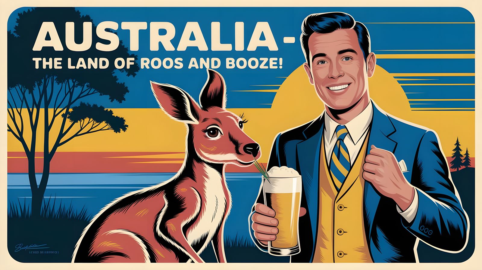 Cheerful Aussie Man and Kangaroo Under Golden Sunset