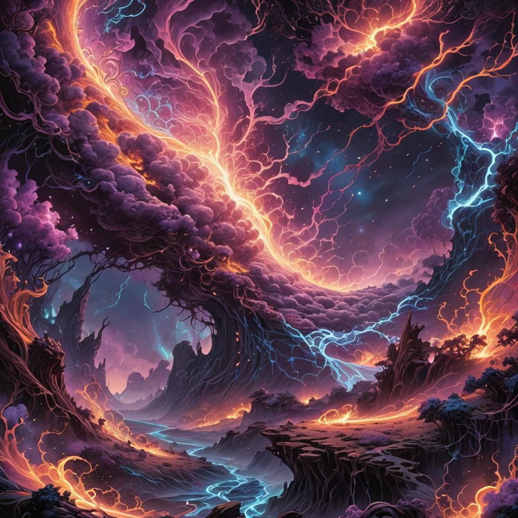 Surreal Dreamscape with Neon Fractals, Comic Book Art