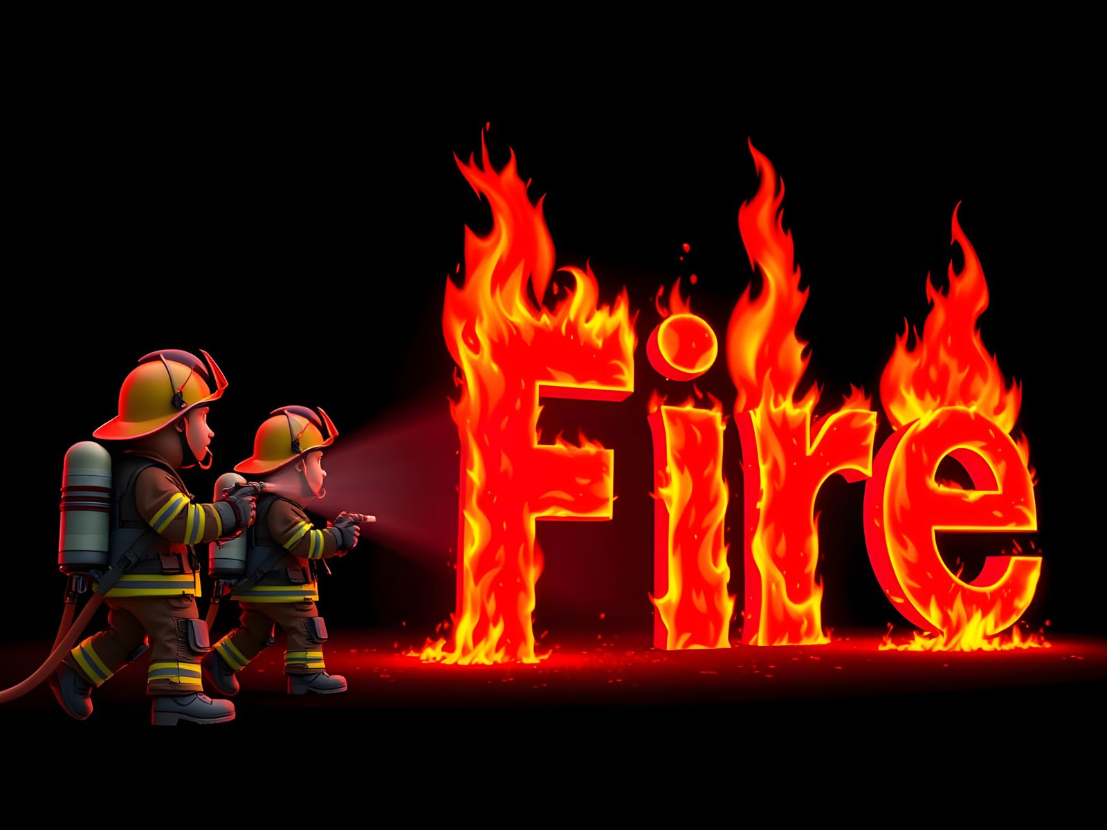 Firefighters Extinguish Fiery Letters in Cartoon Style