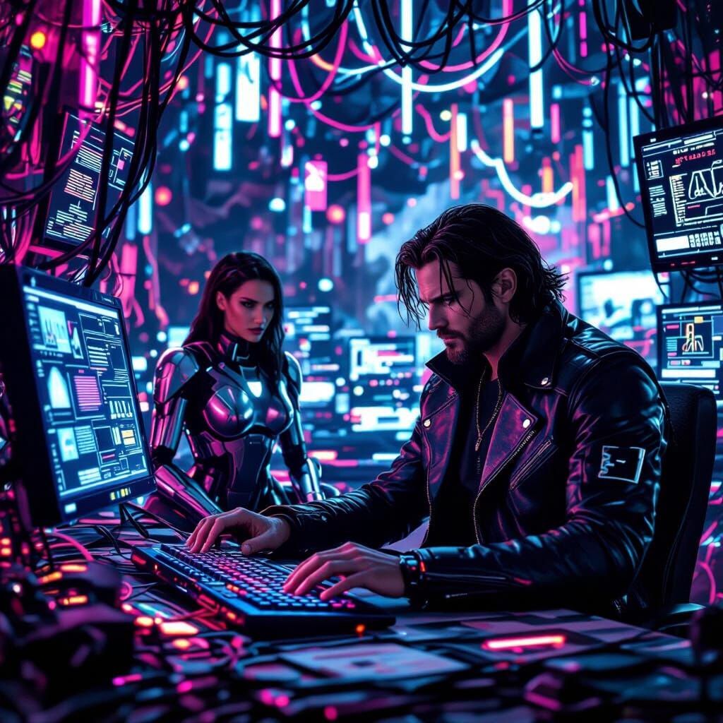 Ares Hacking Data Under Olympus in Cyberpunk Style