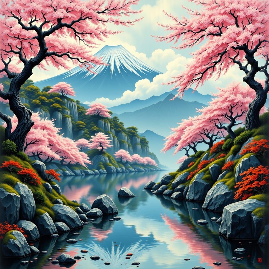 Japanese Landscape with Cherry Blossoms and Mount Fuji