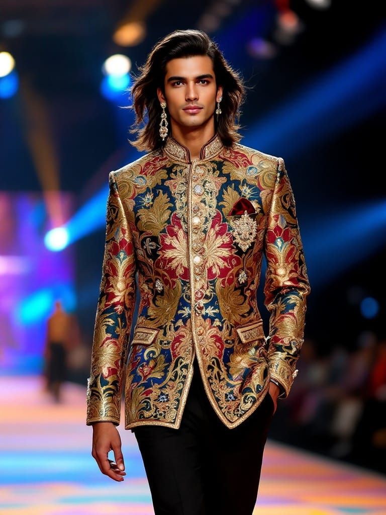 Stunning Indian Male Model in Vibrant Fashion Runway Attire