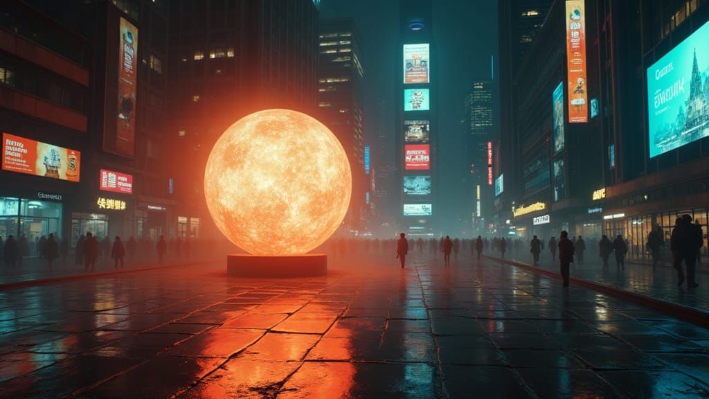 Futuristic Megacity with Glowing Sphere Art Installation