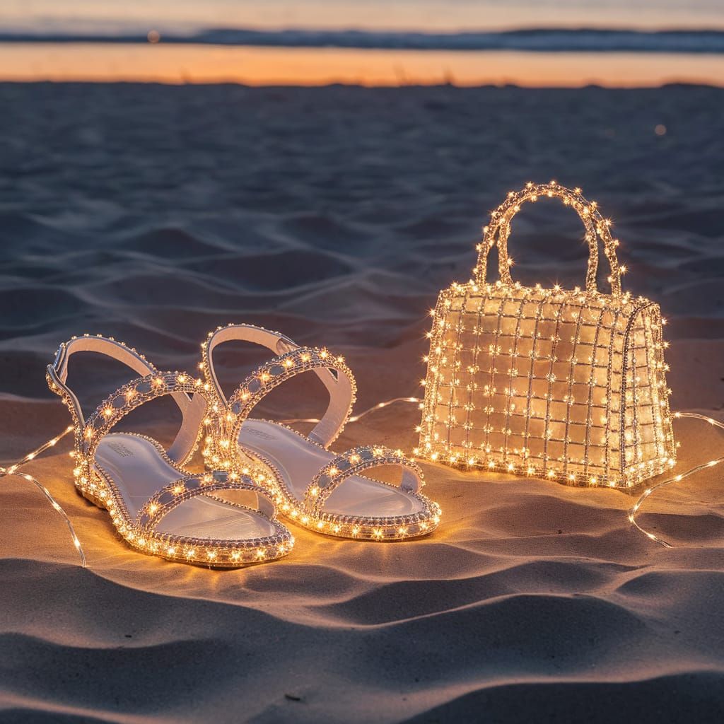 Twinkling Light Sandals and Handbag on Beach