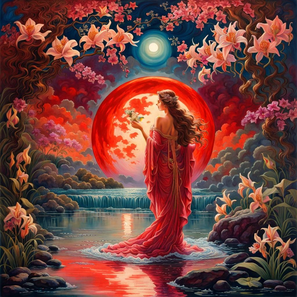 Maiden in Flowing Robes Under Red Moon