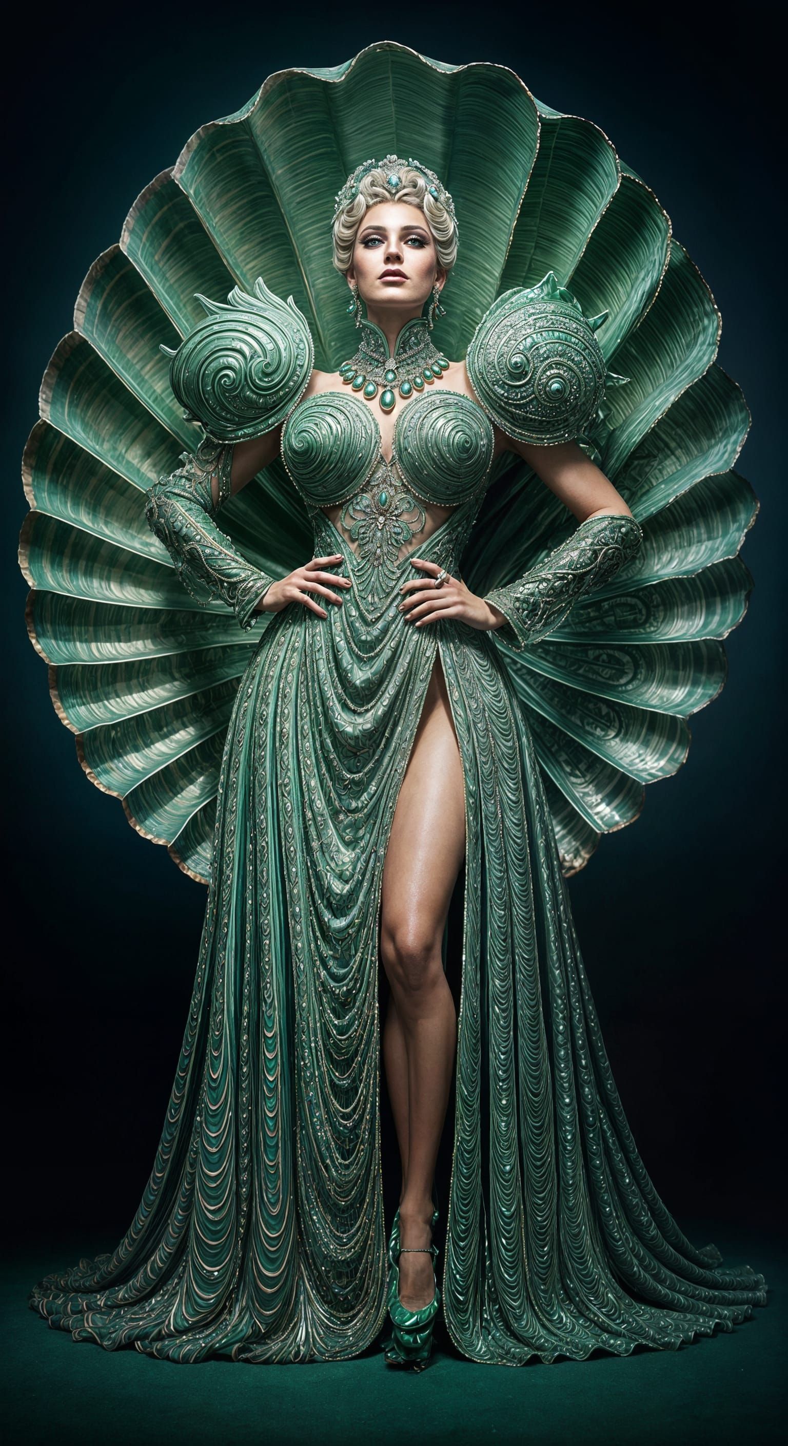 Regal Drag Queen in Iridescent Seashell Gown