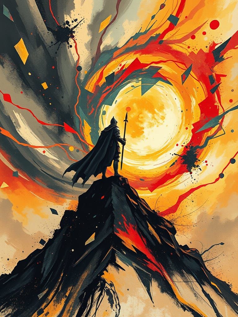 Templar Knight Silhouette in Abstract Cubist Vortex