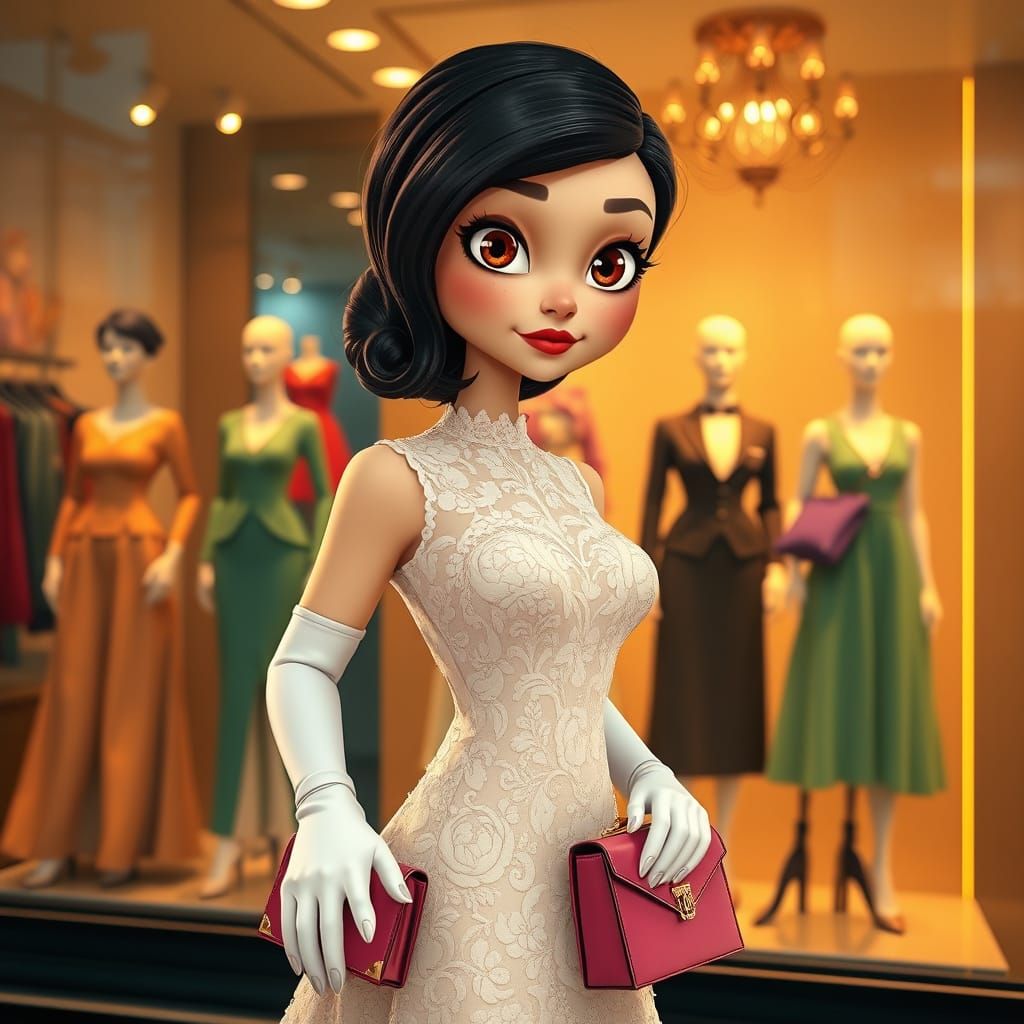 Elegant Young Woman in Ivory Lace Evening Gown in Front of C...