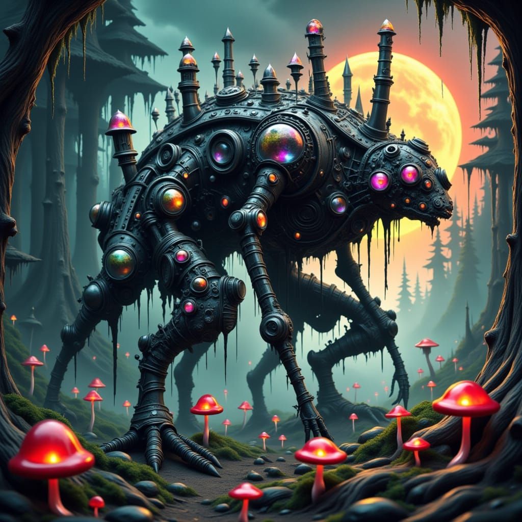 Surreal Steampunk Creature Amidst Mystical Forest