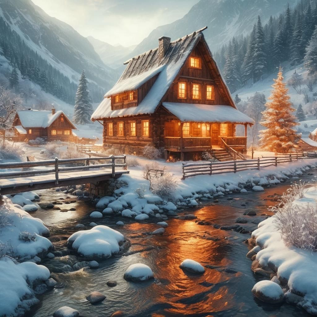 Cozy Winter Village in a Majestic Mountain Landscape