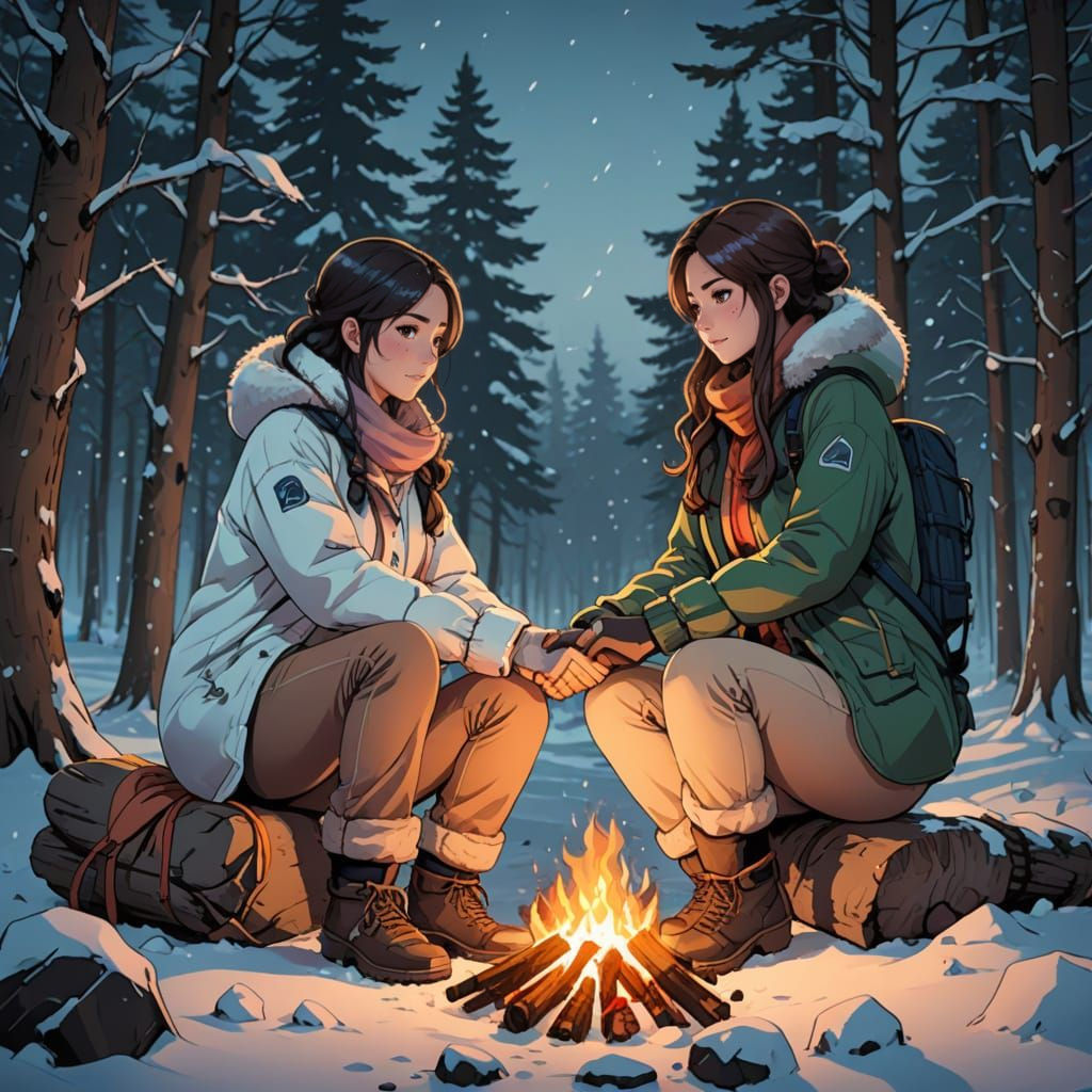 Winter Lesbian camping trip in the snow holding hands by the...