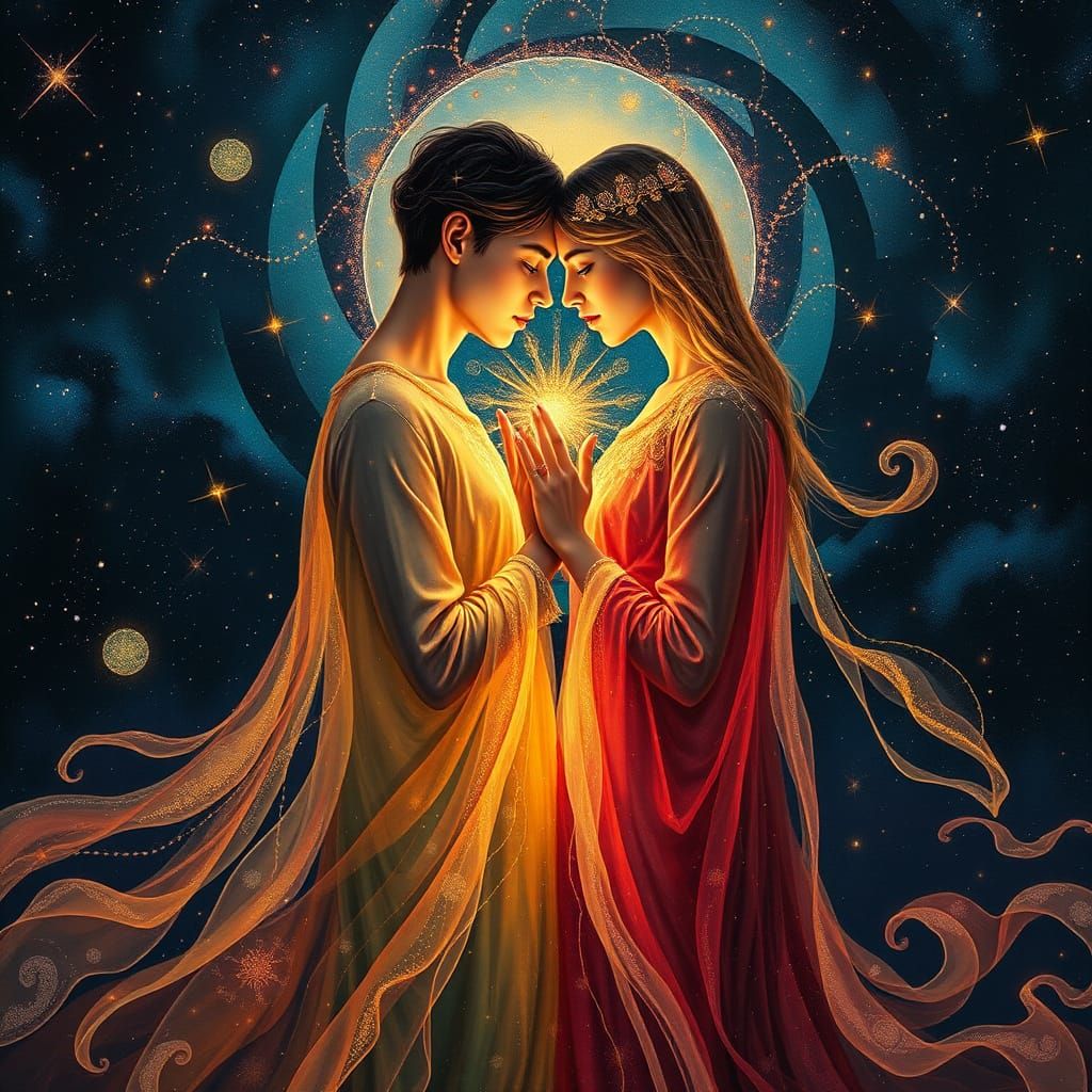 Celestial Soulmates Embracing in Ethereal Harmony