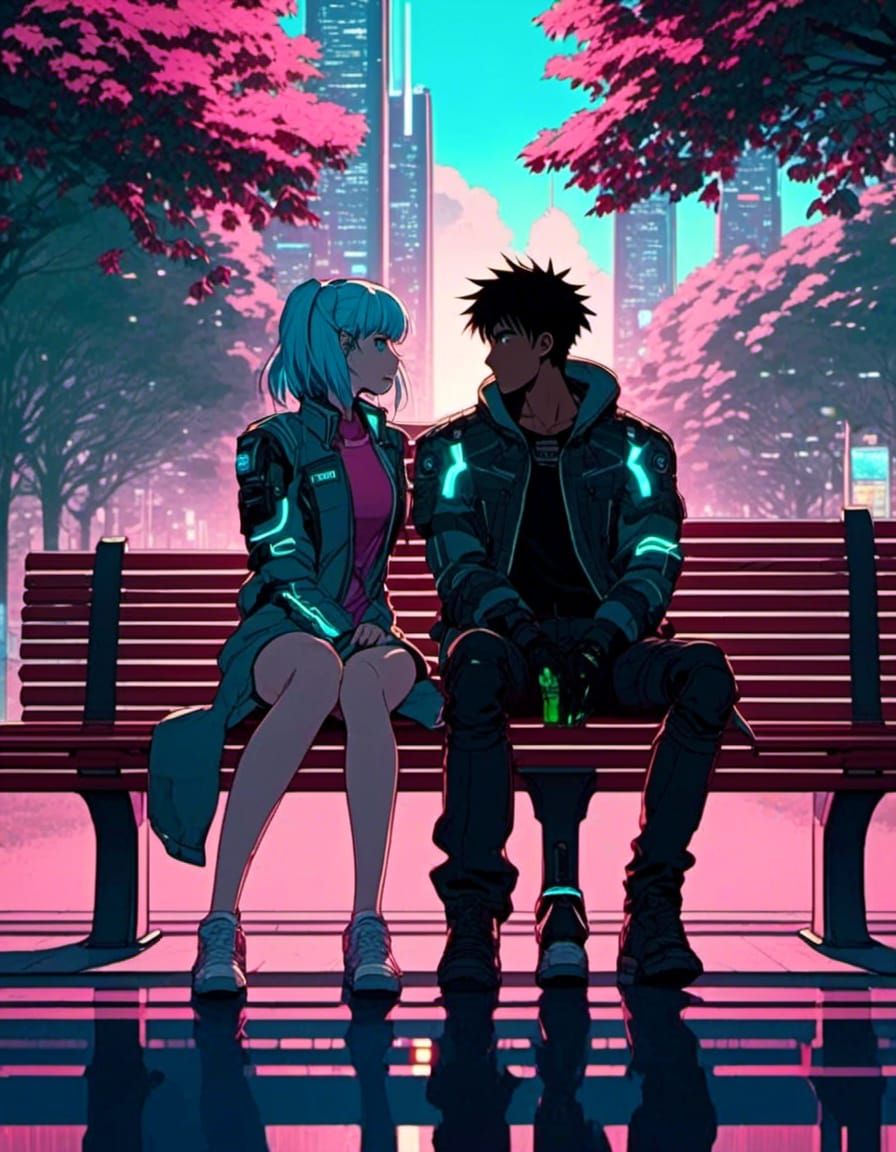 Cyberpunk Anime couple sitting on a Tokyo park bench in the Summer, sunset, fog, red, green, pink, blue <lora:Gridimatio...