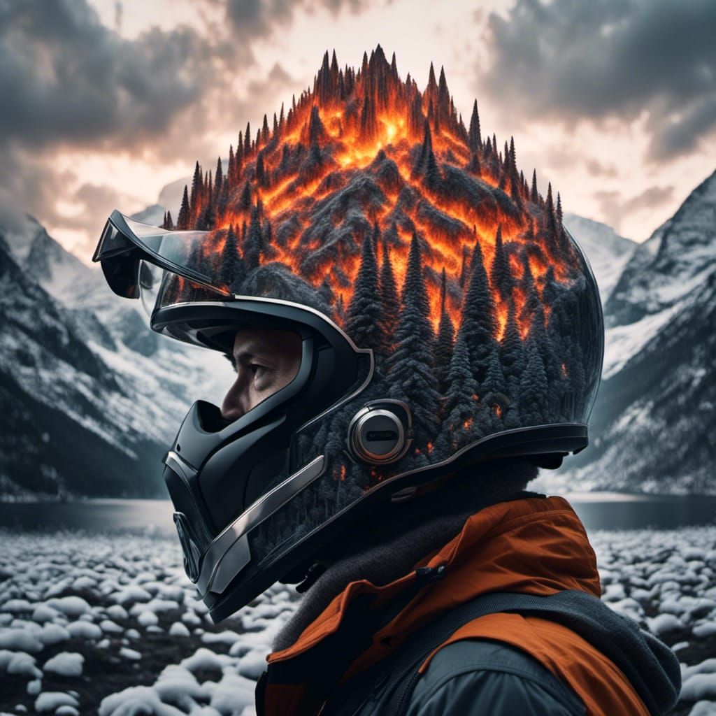 <lora:Helmets:1.0> Volcano helmet double exposure insanely d...