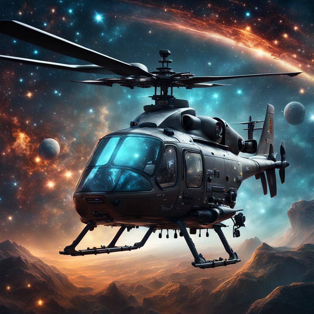 Helicopter in Cosmic Nebula: Digital Matte Painting