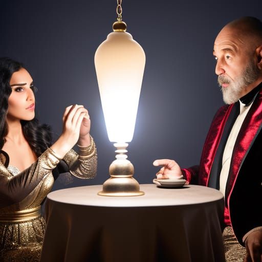 Fortune Teller with Terrified Man in Crystal Ball