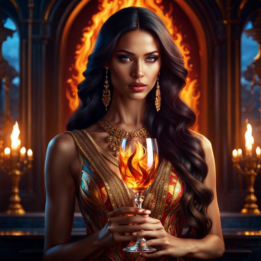 Woman with Golden Eyes Holding Reflective Goblet