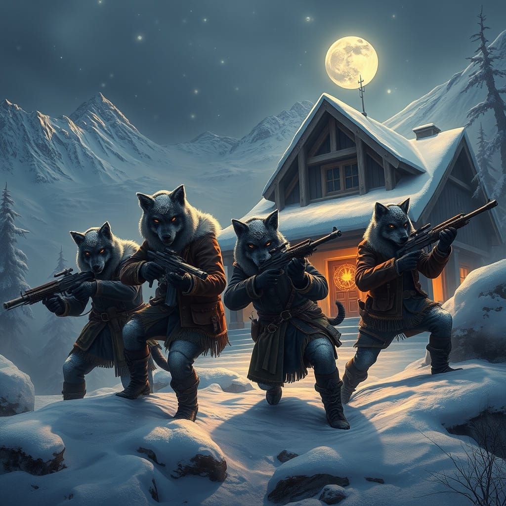 Steampunk Wolves Heist in a Snowy Mountain Landscape