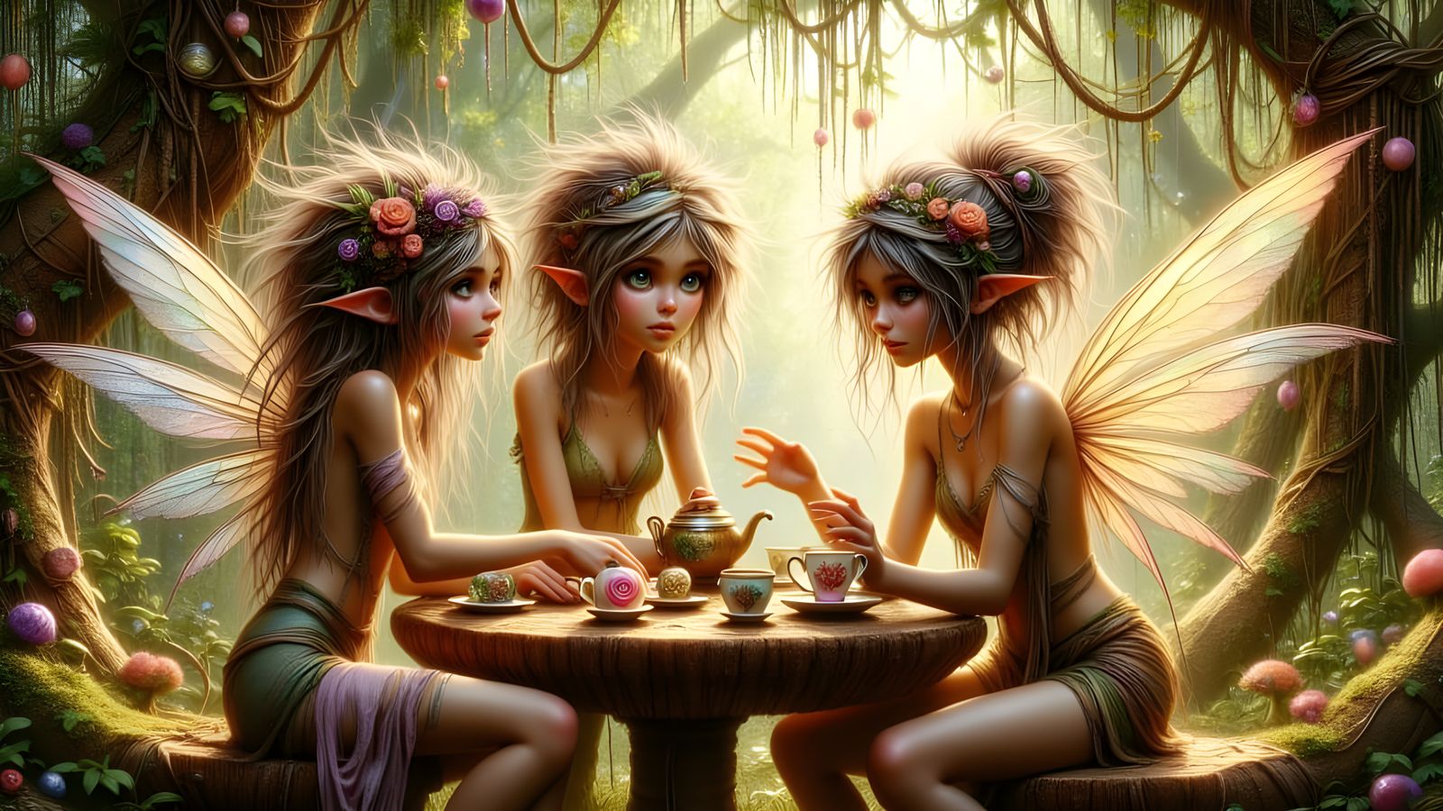 Fairies Enjoy Tea Party in Enchanted Forest